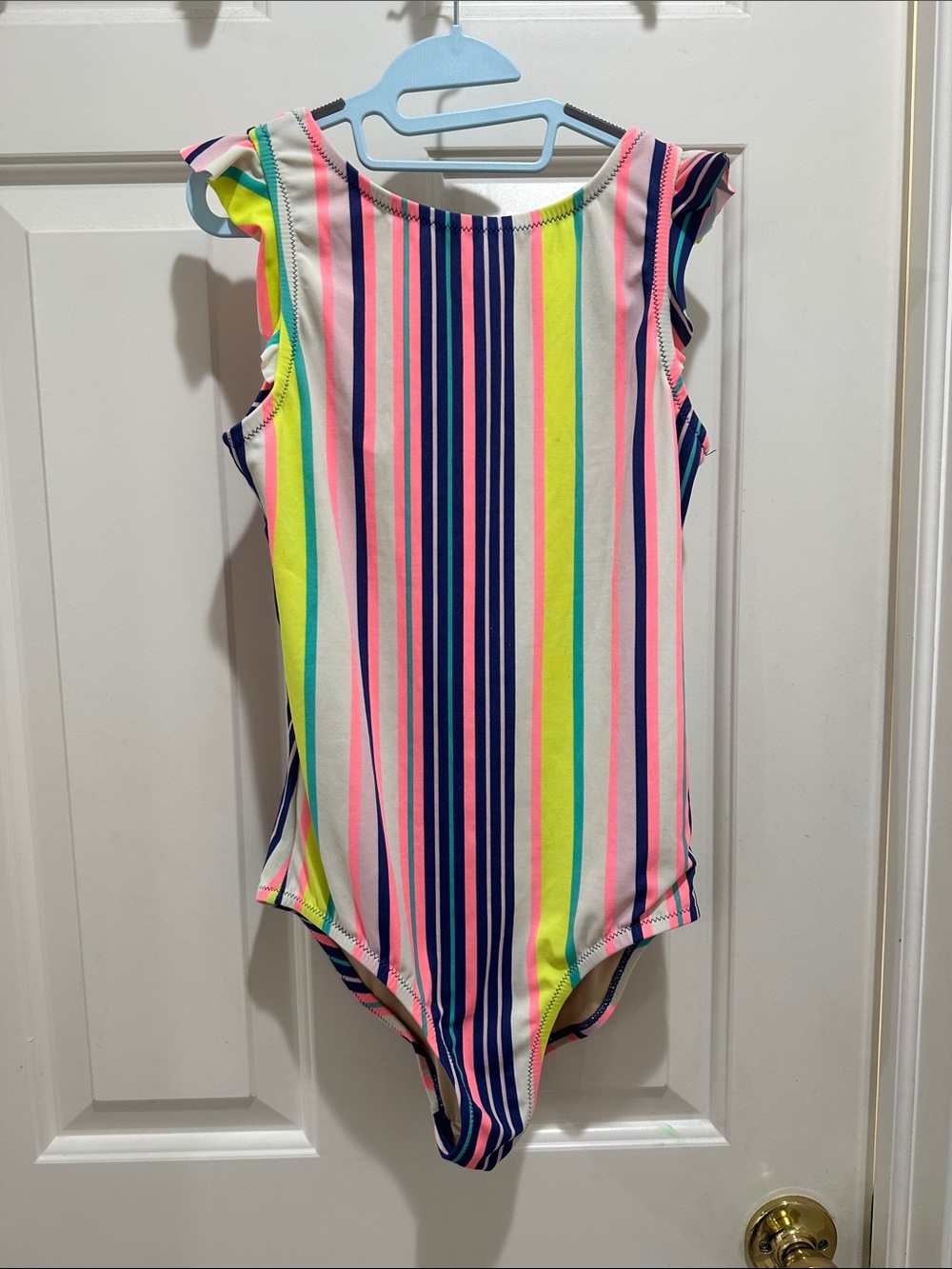Crewcuts Neon Stripe Ruffle Shoulder One-Piece Swimsuit